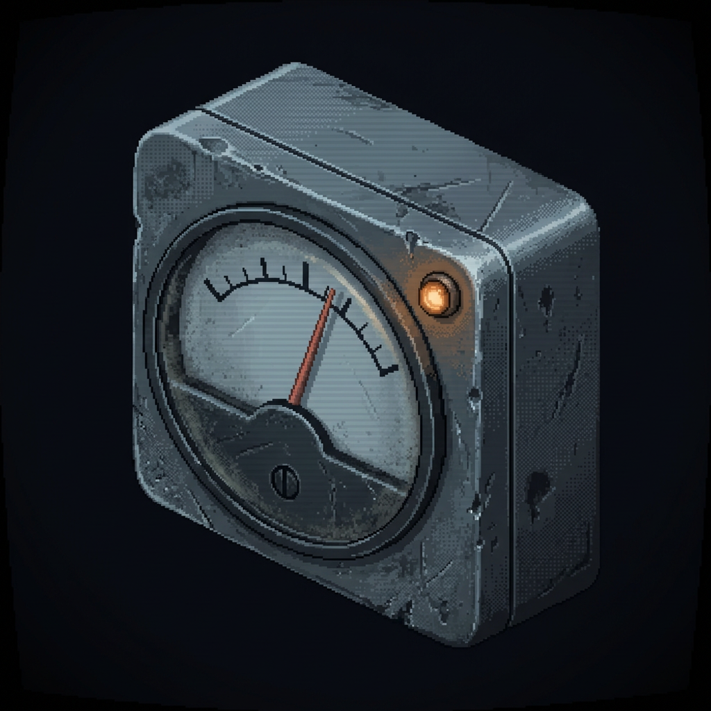 A worn analog panel meter with its needle deflected mid-scale, in a scuffed graphite housing, a single amber pilot lamp beside it, framed by a heavy dark vignette.