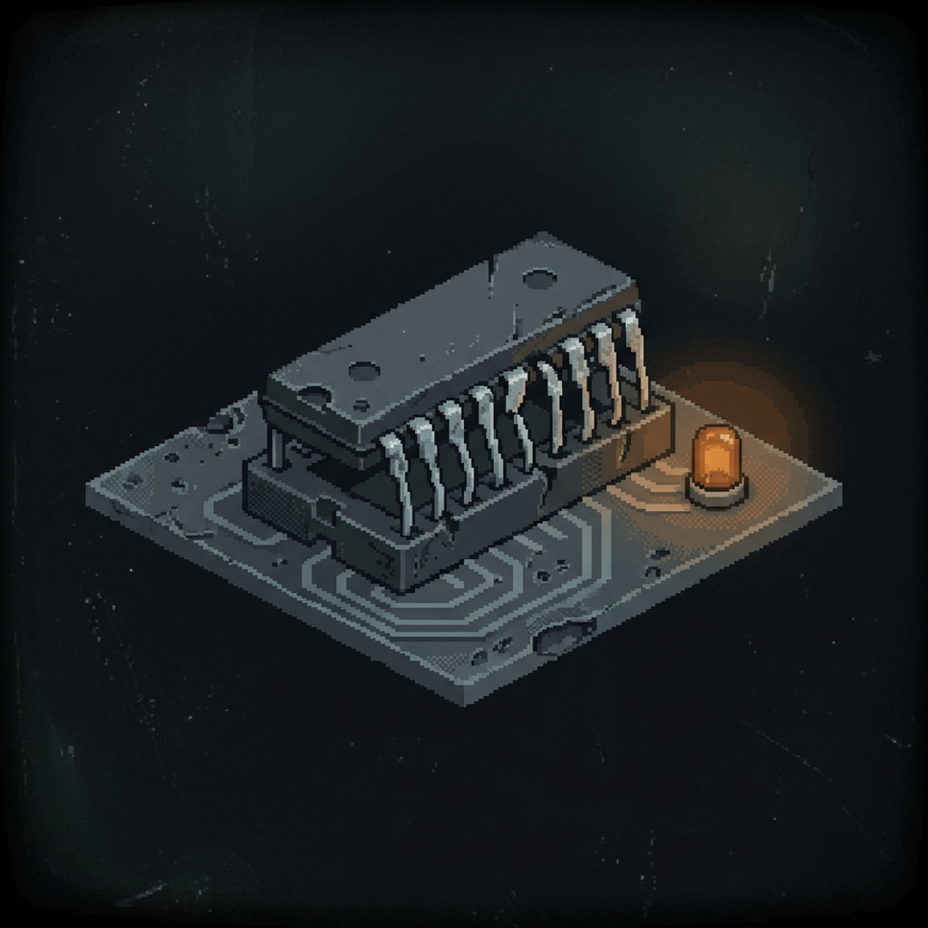 A worn ceramic firmware chip lifted half out of its socket on a pitted graphite board with faint circuit traces, a single amber pilot lamp beside it, framed by a heavy dark vignette.