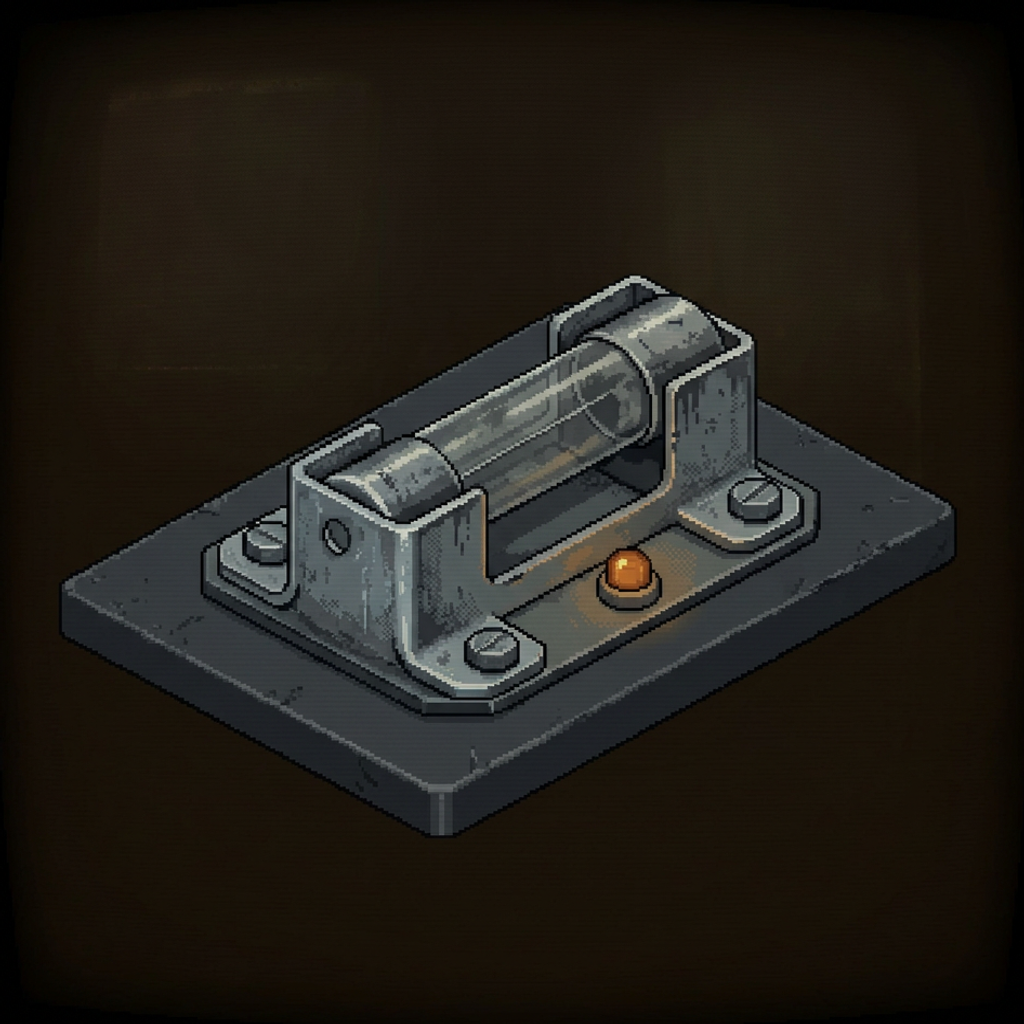 A worn glass cartridge fuse seated in a heavy metal holder on a graphite plate, a single amber pilot lamp beside it, framed by a heavy dark vignette.