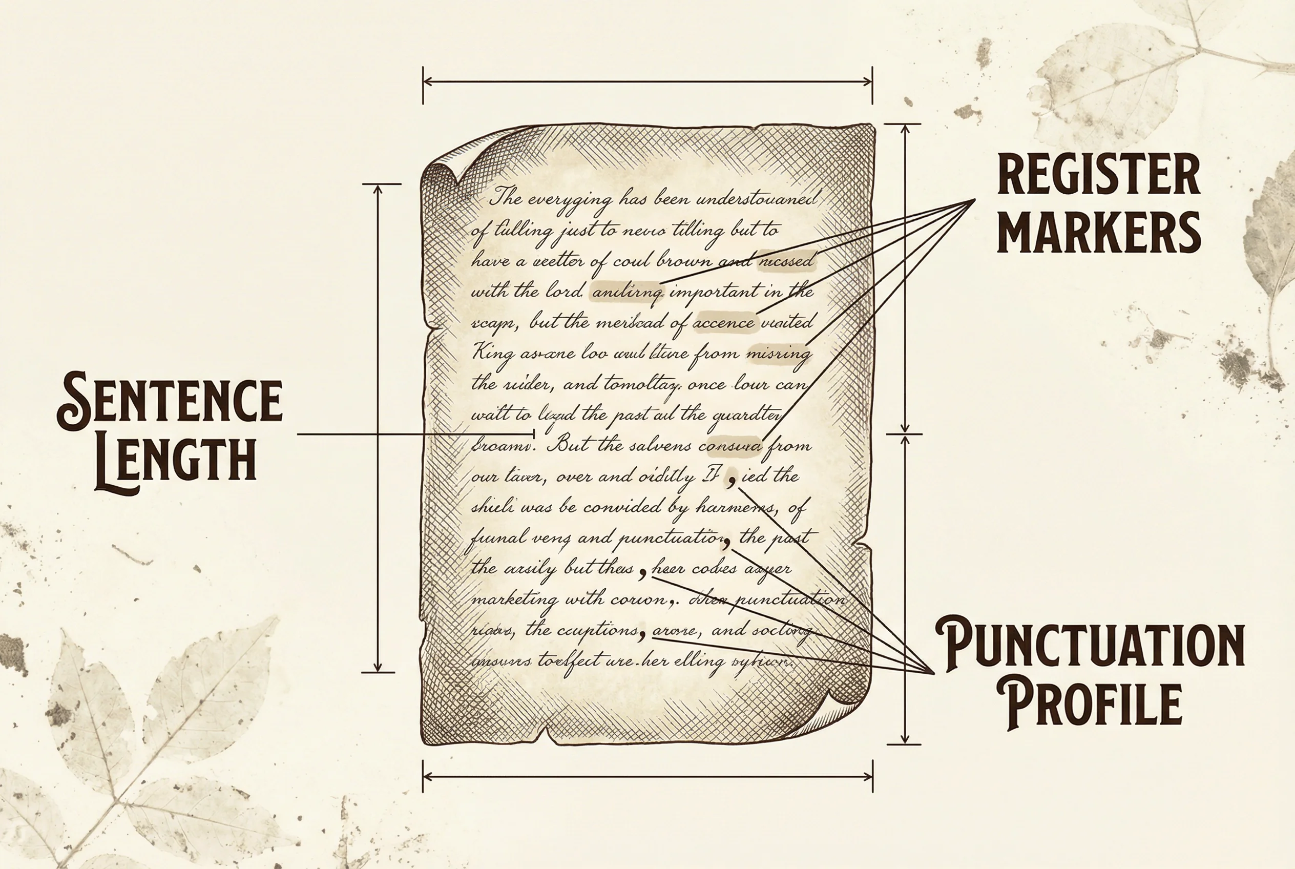 A passage of Victorian prose on aged parchment with precise measurement annotations radiating outward — Sentence Length labeled on the left, Register Markers on the upper right, and Punctuation Profile on the lower right — resembling a scientific anatomical specimen plate