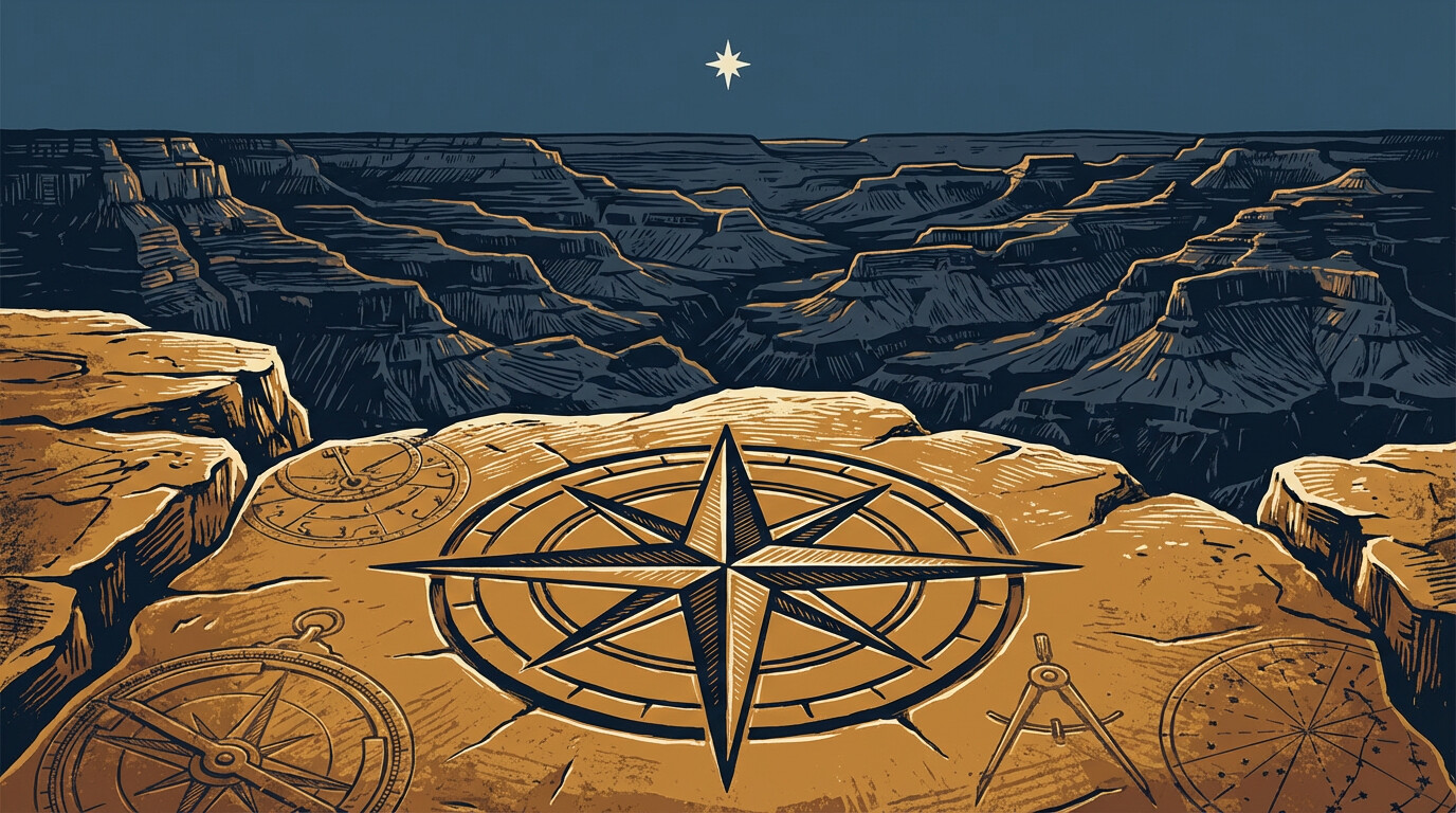 A weathered compass rose carved into ancient stone under a starlit sky — navigating professional change with evidence and experience